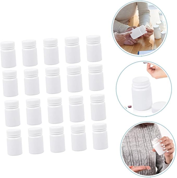 60 pcs Medicine Bottle Storage Holder Pill Capsules Empty Round Container with lid Refillable Bottle. Empty Bottles White polyethylene