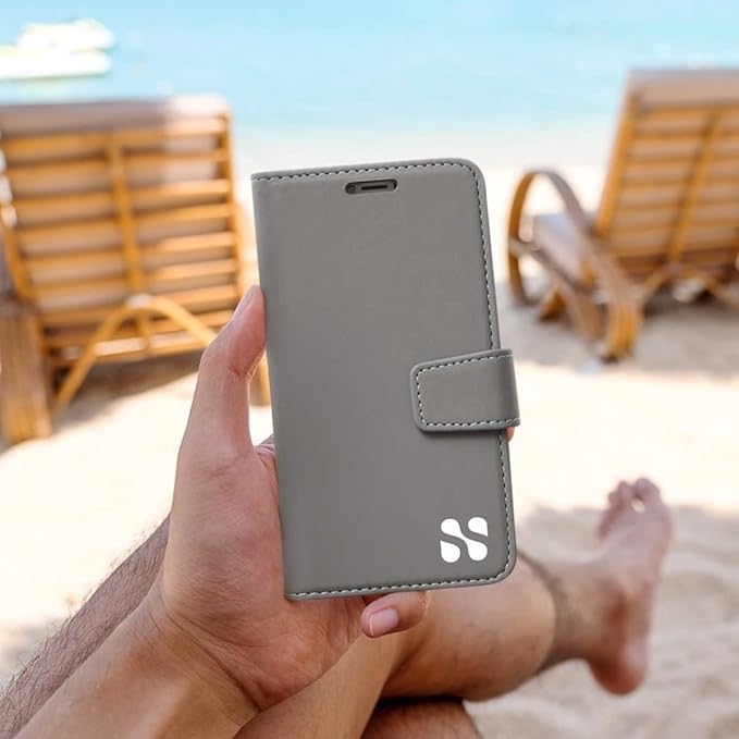 SafeSleeve Wallet Leather Case for iPhone 12 Mini EMF Blocker for Cell Phone with 3 Card Holder & Adjustable Stand – Magnetic Closure, and Magnetic Folio Protection for Daily Use (Grey)
