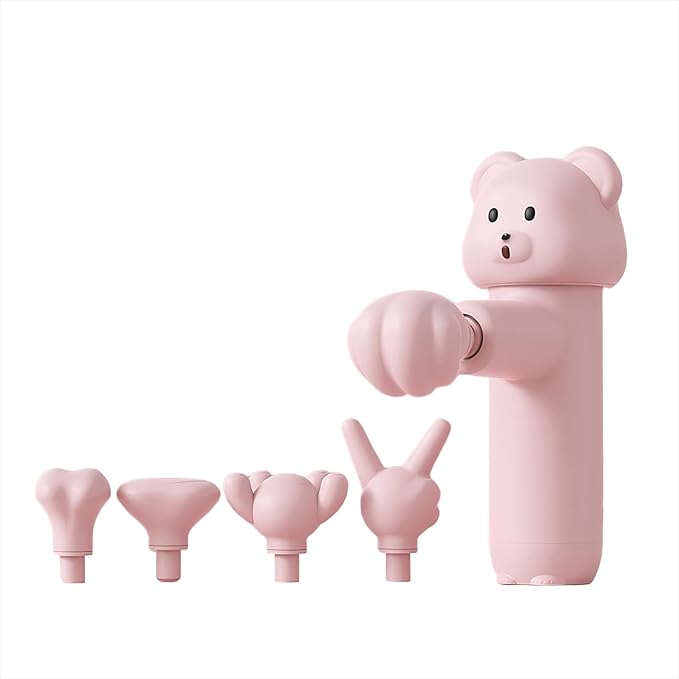 Mini Massage Gun with Bear Design, 5 Interchangeable Heads, 4-Speed Regulation, Deep Tissue Percussion Massager for Athletes, Pain Relief (Pink)