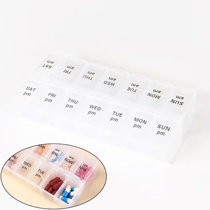 Large Pill Organizer, Weekly Portable Pill Dispenser Reminder, Travel Daily Pill Case Box Holder, Medication Planner for Vitamin, Medicine, Fish Oil, Supplements, 14 Compartment, Transparent