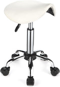 Saddle Rolling Stool with Wheels PU Leather Height Adjustable Swivel Stools Chair White