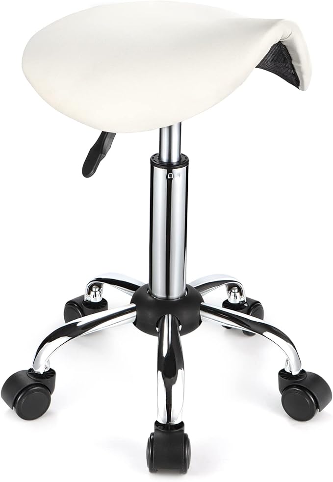 Saddle Rolling Stool with Wheels PU Leather Height Adjustable Swivel Stools Chair White