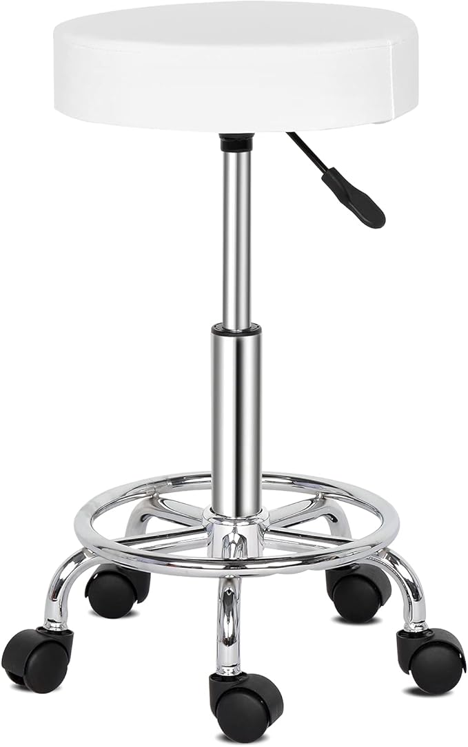 Modern Rolling Round Stool Chair,PU Leather Swivel Adjustable Rolling Stools,Ergonomic Swivel Salon Spa Barstools,Office Drafting Chairs,with Wheels,for Home, Kitchen, Medical, Lab (White)
