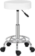 Round Rolling Bar Stool PU Leather with Wheels and Foot Rest, Height Adjustable Task Work Drafting Chair with Back for Salon Spa Tattoo Facial Medical Office Chairs (White1)