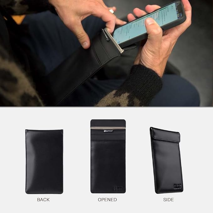 Silent Pocket SLNT Faraday Leather Smartphone Sleeve Signal Blocking Device Shielding for iPhone, Samsung Galaxy, Most Phones, Anti-Hacking (Black Leather, Medium)