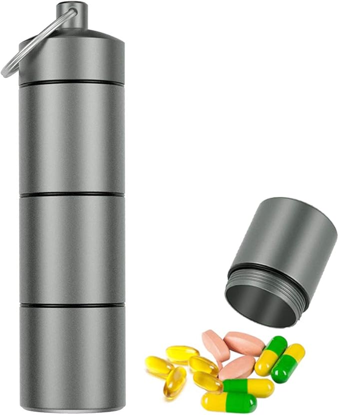 Large Keychain Pill Holder, EFFIET 3 Compartments Metal Pill Fob Case, Travel Medicine Container for Emergency Pills/Vitamin/Fish Oils/Capsule, Waterproof for Travel, Hiking, Camping (Matt Finished)