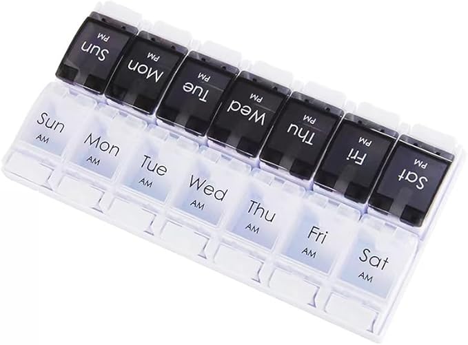 7-Day Weekly Pill Case, Daily Medicine Box Planner, Portable Vitamin Organizer Dispenser, AM/PM, Large 14 Compartments Capsule Fish Oil Tablet Container, Black and Transparent Lids, BPA Free