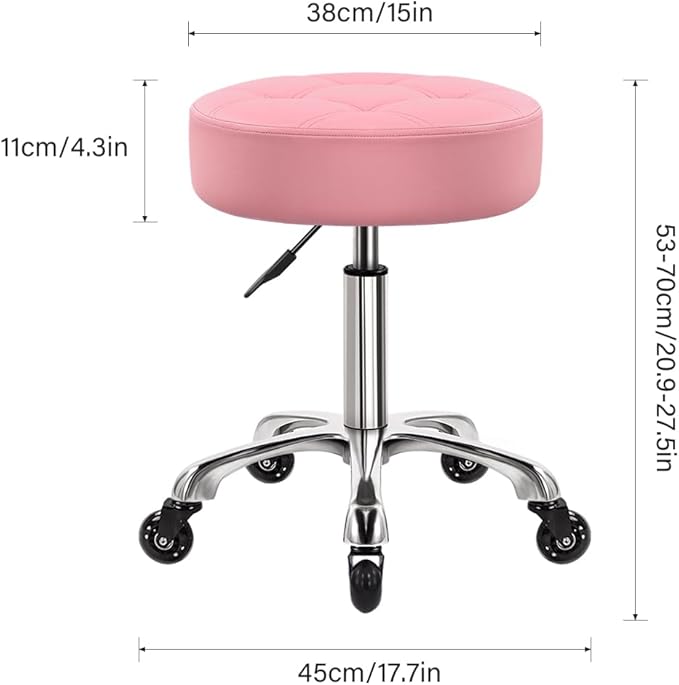 Heavy Duty Rolling Stool with Wheels Hydraulic Swivel Adjustable Rolling Stool Ergonomic Thick Leather Round Seat Stool Chair for Kitchen Drafting Lab Office Salon Message Stool – Pink