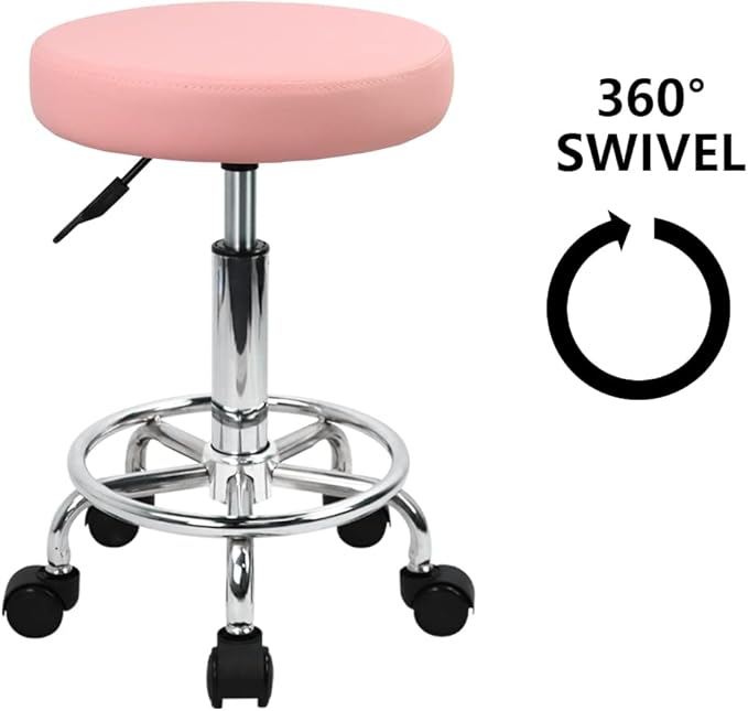 KKTONER PU Leather Round Rolling Stool with Foot Rest Swivel Height Adjustment Spa Drafting Salon Tattoo Work Office Massage Stools Task Chair (Pink)