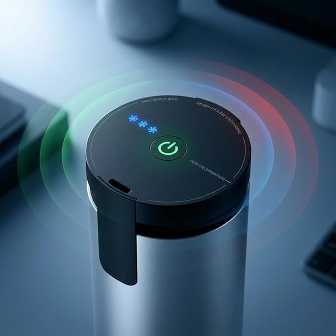 Vehicle-Mounted Car Air Purifier, Silver, Multi-Layer Filter Element, Compact Cup Holder Design
