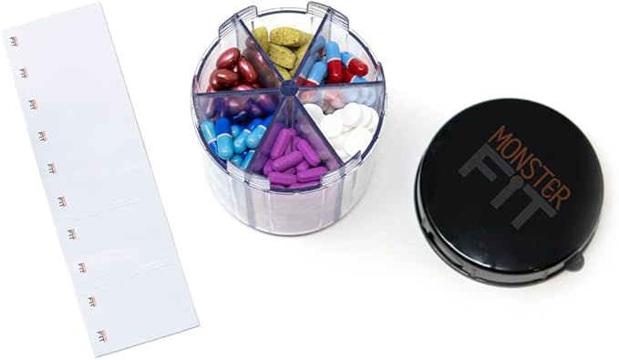 Monster Jr Supplement Pill Dispenser with Labels - Holds Small Medium Medication Vitamins and Easily Dispense from One Container Includes Compartment Labels (Monster Jr - 2 Pack)