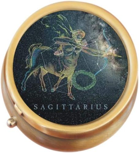 Sagittarius Zodiac Stars Brass Round Pill Box