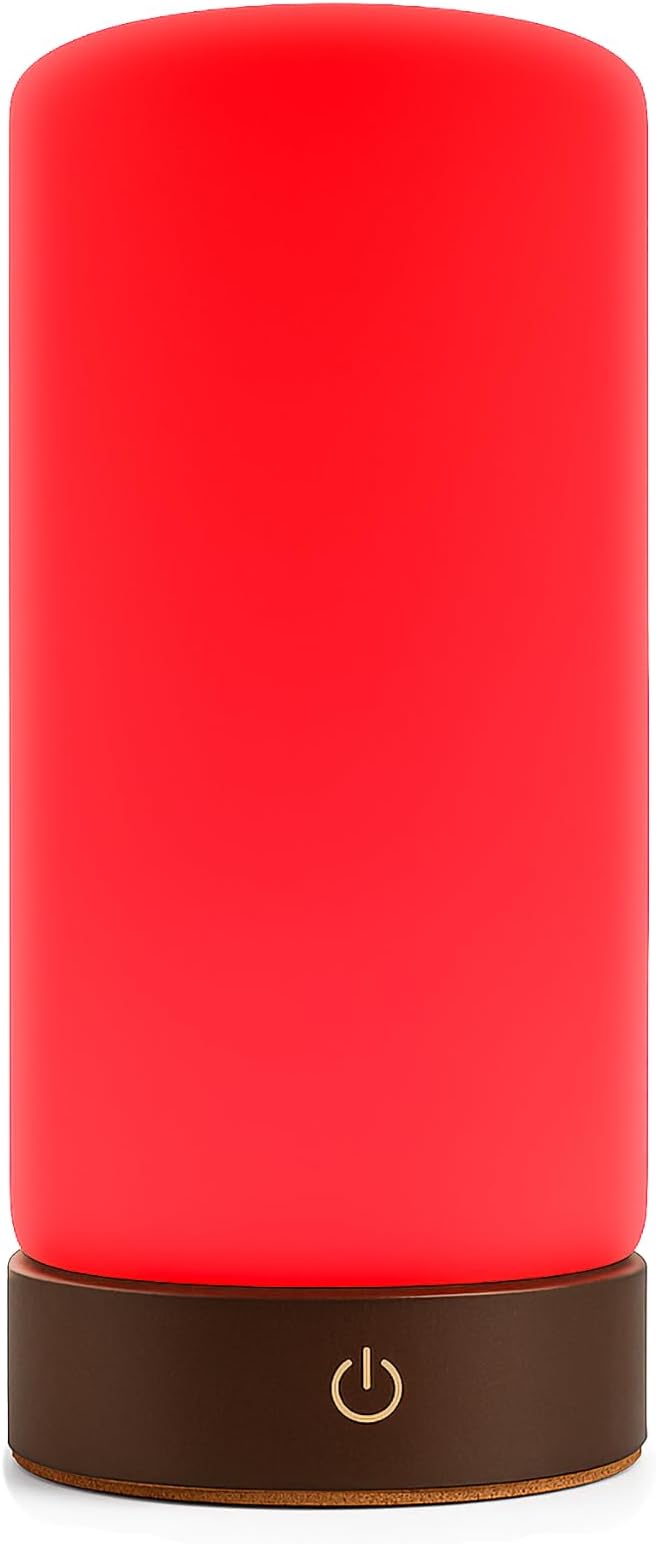 Rubi Red Light Therapy Lamp – 670nm Wavelength for Natural Sleep, Relaxation & Wellness | Adjustable Brightness for Bedroom Light | Elegant Glass & Wood Design | One-Touch Lamp Switch