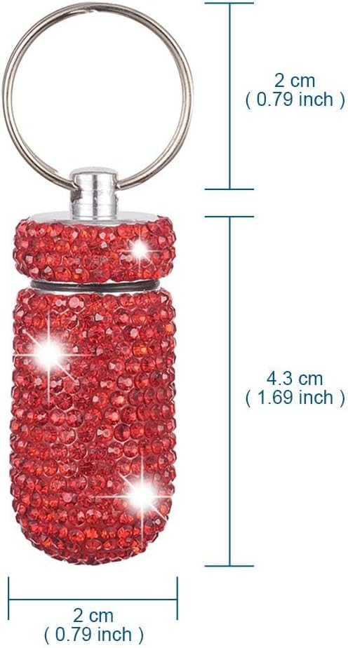 XhuangTech Waterproof Keychain Pill Box Bling Round Medicine Organizer Holder Container Aluminum Portable Mini Bottle Storage Case for Outdoor Travel Camping Purse Pocket (Red)