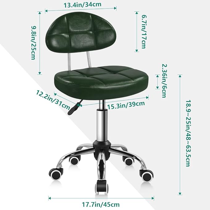 Square Minimalist Swivel Stool with Wheel for Work SPA Shop Massage Height-Adjustable and Cost-Effective Rolling Stool Chair with Back (Green)
