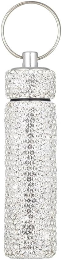 Bling Rhinestone Pill Case Portable Waterproof Pocket Pill Holder Bottle Storage with Keychain for Travel, Outdoor, Camping (White)