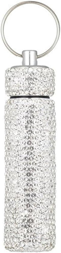 Bling Rhinestone Pill Case Portable Waterproof Pocket Pill Holder Bottle Storage with Keychain for Travel, Outdoor, Camping (White)