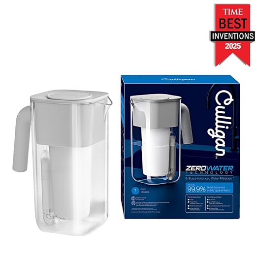 Culligan with ZeroWater Technology 8-Cup Water Filter Pitcher – Includes 5-Stage Advanced Water Filter, IAPMO Certified to Reduce Lead, Total PFAS (Forever Chemicals), Mercury, Fluoride, and Chlorine