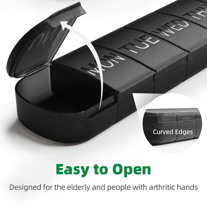 2 PCS Weekly Pill Organiser 1 Times a Day, Arthritis Friendly Travel Pill Case, BPA-Free Pill Box 7 Day, Large Compartments to Hold Vitamins Supplements Medicine (Black)