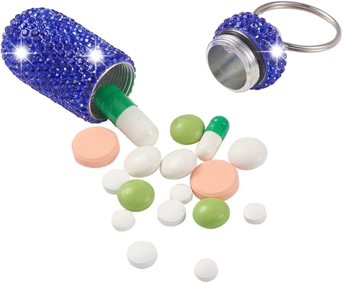 Rhinestone Pill Case Keychain, Waterproof Glitter Travel Pill Holder Storage Bottle with Keychain, Bling Pill Container Portable Pill Bottle Case for Outdoor Camping Traveling