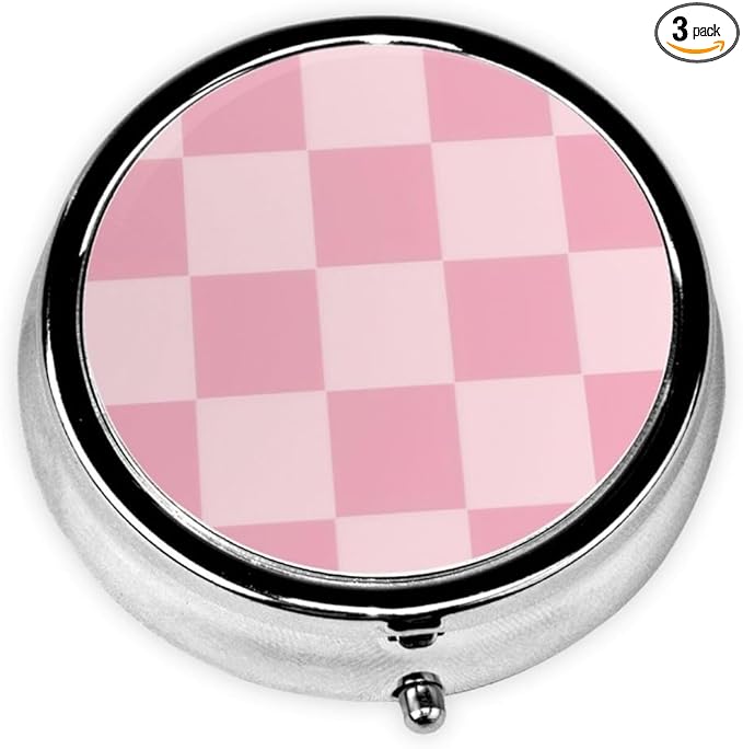 Pill Box 3 Compartment Pocket Small Pill Organizer Mini Metal Pill Holder Travel Portable for Woman - Pink Checkered Pattern