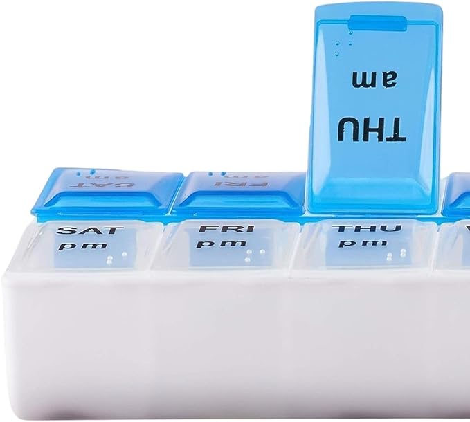 Pill Organizer 7 Day, Pill Box 2 Times a Day AM PM Pill Case, Weekly Pill Container Portable Travel Medicine Box for Vitamins and Supplements (Blue-White)