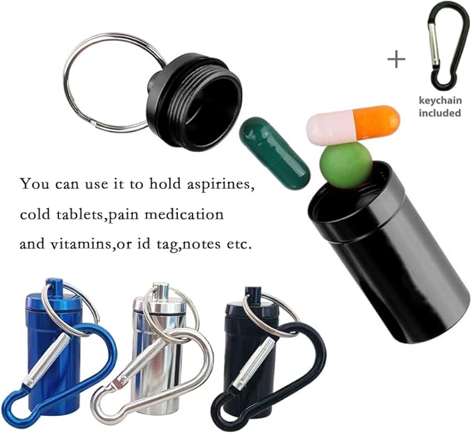 Aluminum Keychain Pill Box with Carabinieri，Air Tight Metal Pill Container，Waterproof Pill Organizers for Outdoor Camping，Travel (Black,Silver and Blue)