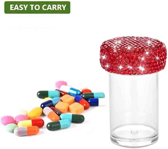 Bling Diamond Portable Waterproof Pill Case Medicine Dispenser Bottle Storage for Outdoor Camping Travel (Red)