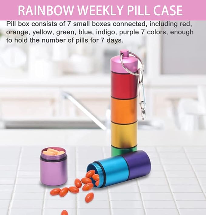 FAYALA Pill Disperser Waterproof 7 Days Rainbow Pill Holder Travel Pill Container Portable Medicine Keychain Daily Airtight Pill Organizer (25 * 189)