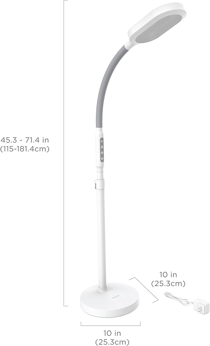 Verilux HappyLight Duo - 2-in-1 Light Therapy & Task Floor Lamp - UV-Free Full Spectrum LED, 10,000 LUX, Adjustable Brightness and Color, Flexible Gooseneck, and Adjustable Height