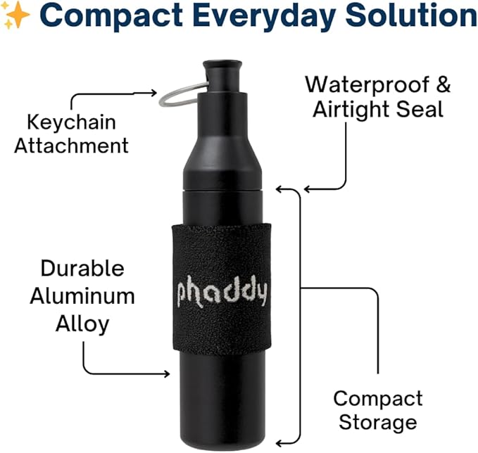 Phaddy™ Keychain Container – Waterproof Pill Holder & Mini Storage Capsule – Airtight Aluminum Pill Case – Durable Keychain Storage for Medicine, Vitamins, Travel & Outdoor Use (Black)