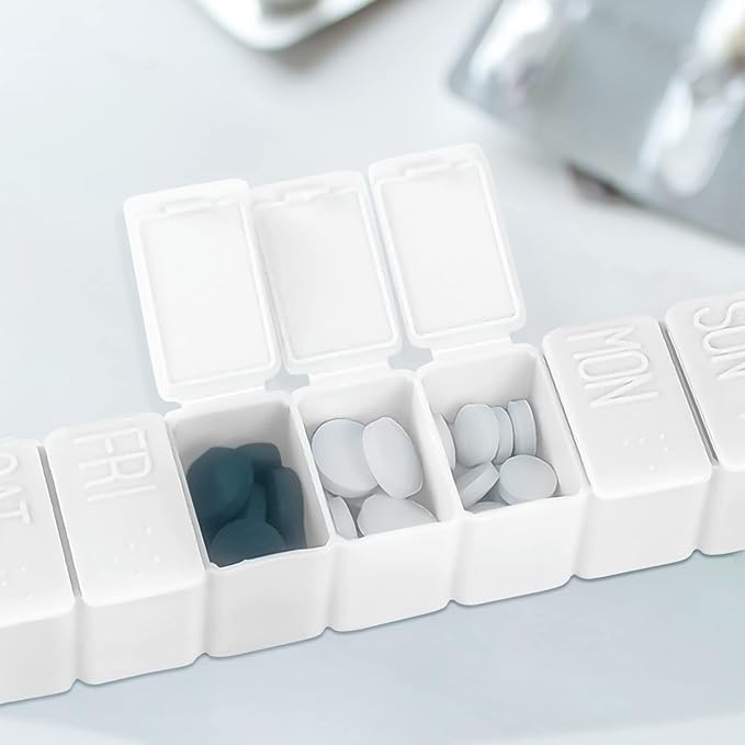 Weekly Small Pill Organizer, 7 Day Pill Case, Daily Vitamin Case Medicine Box, Pill Containers for Medicine Supplements Fish Oil(2Pcs,White)
