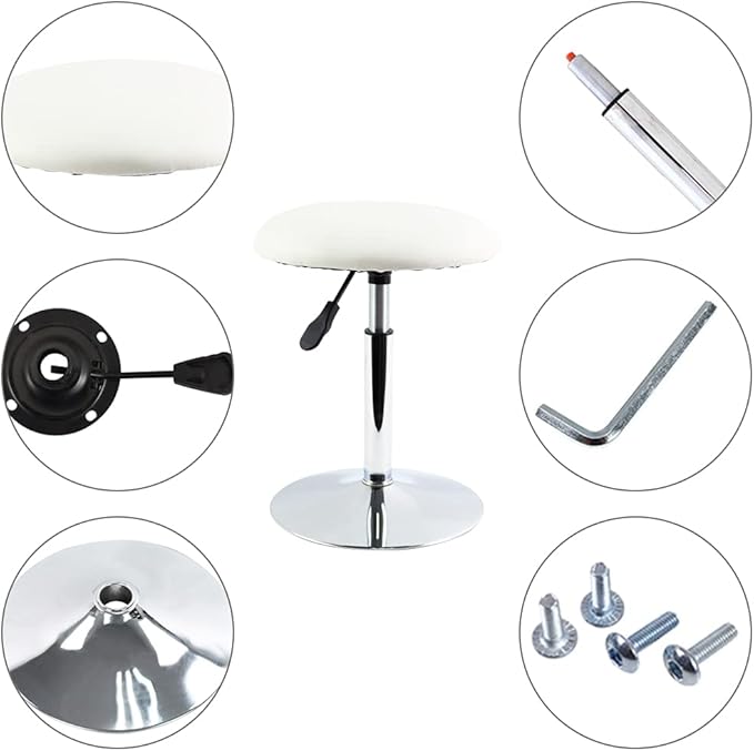 FURWOO Round Vanity Chair Height Adjustable Mini Bar Stool for Salon Spa Small White PU Leather