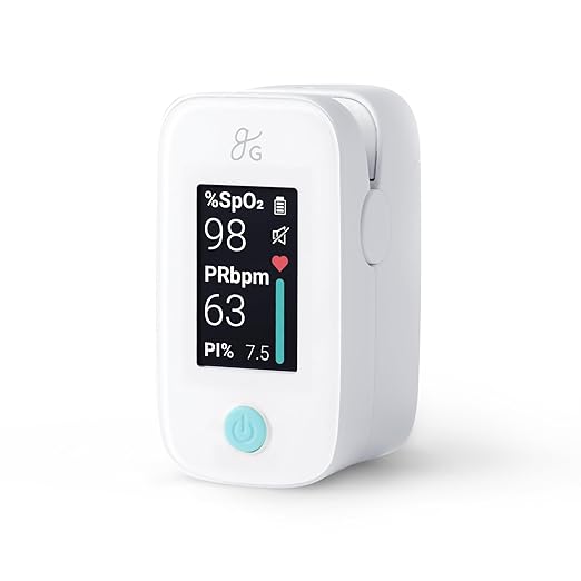 Greater Goods Finger Pulse Oximeter, Blood Oxygen Meter, Measures SpO2, Heart Rate, and PI, Includes Batteries & Lanyard