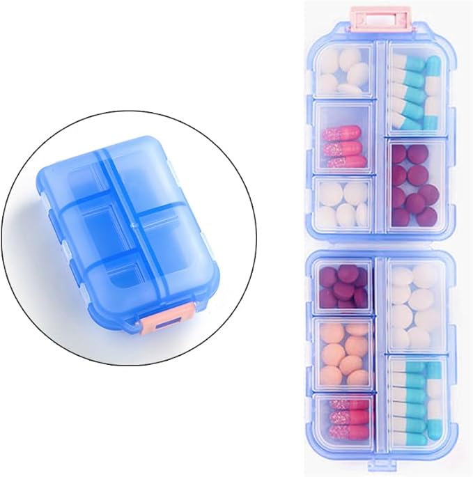 Small Travel Pill Box Organizer, 10 Compartment Pill Case Planner, Portable Folding Daily Medcine Container Capsule Dispenser for Storage Medication, Meds, Vitamin, Fish Oil, Supplement, Blue