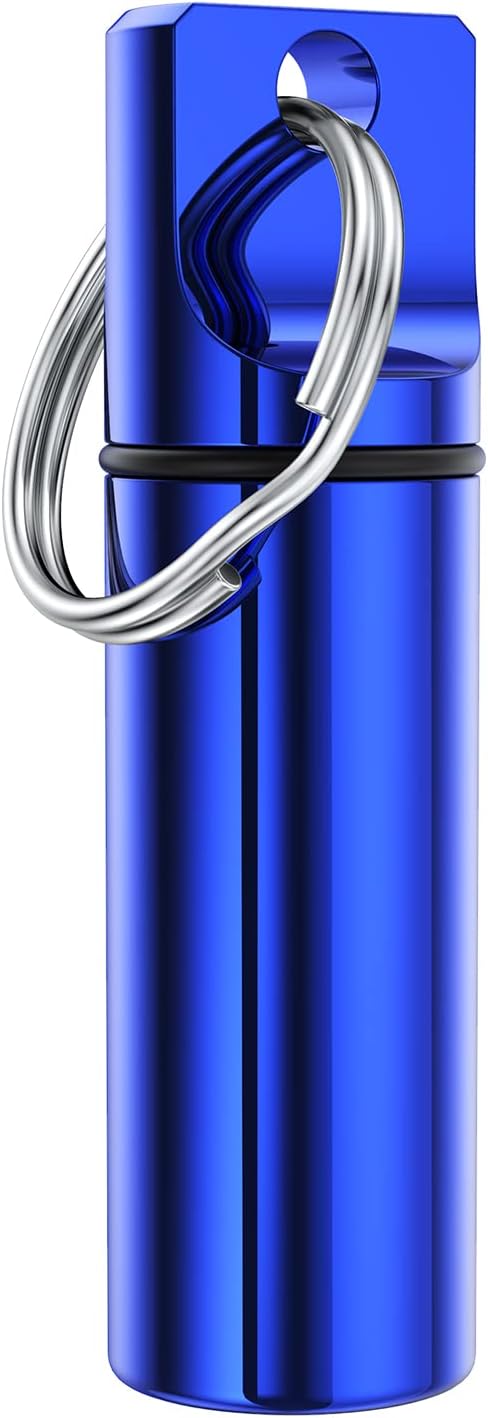 Small Pocket Pill Box Keychain, Aluminium Alloy Portable Mini Pill Organizer Case Container for Purse, Waterproof Metal Pill Holder Medicine Bottle for Outdoor Camping Travel (Blue)