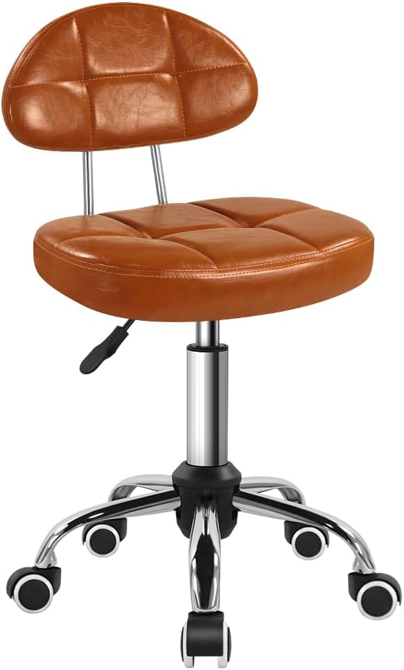 Square Minimalist Swivel Stool with Wheel for Work SPA Shop Massage Height-Adjustable and Cost-Effective Rolling Stool Chair with Back (Orange-Brown)