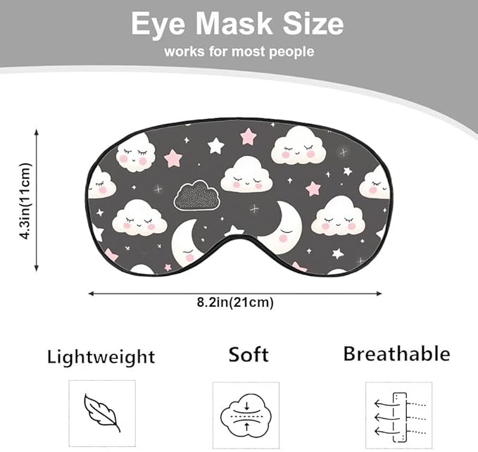 Grey Night Sleep Eye Mask Eye Cover Cute Cartoon Clouds Moons White Pink Silk Eye Mask for Sleeping with Adjustable Strap for Travel Nap Shift Work Office