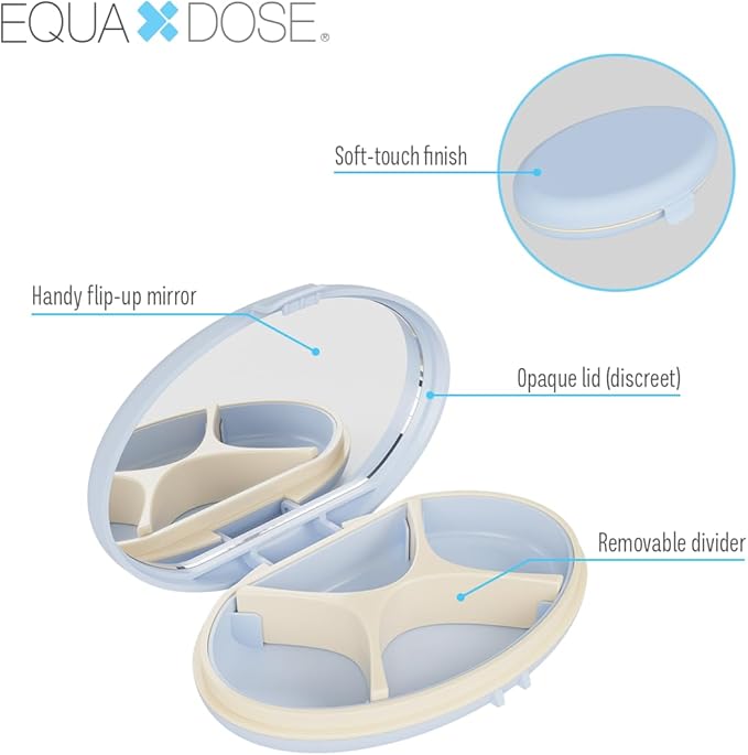 EQUADOSE Oval Compact Pill Case, Portable Organizer with Mirror, Travel Medication Holder with Removable Divider, Small Storage Case for Pills, Vitamins, Earbuds, Jewelry & Daily Essentials, Blue