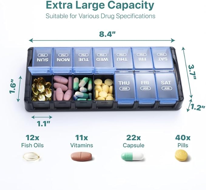 Sukuos Weekly Pill Organizer 7 Day 2 Times a Day, Quick Fill Daily Pill Box AM PM, Easy to Open Large Vitamin Cases (Blue)