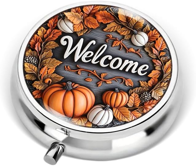 Portable Round 3 Compartment Metal Pill Box Fall Pumpkins Welcome Print Ideal for Office Kitchen Cafe Use