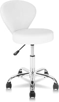 Leather Rolling Salon Stool with Back Support and Wheels Adjustable Height Swivel Spa Stools for Office Massage Facial Medical Drafting Tattoo Beauty Barber Lab Doctor Clinic Tattoo, White