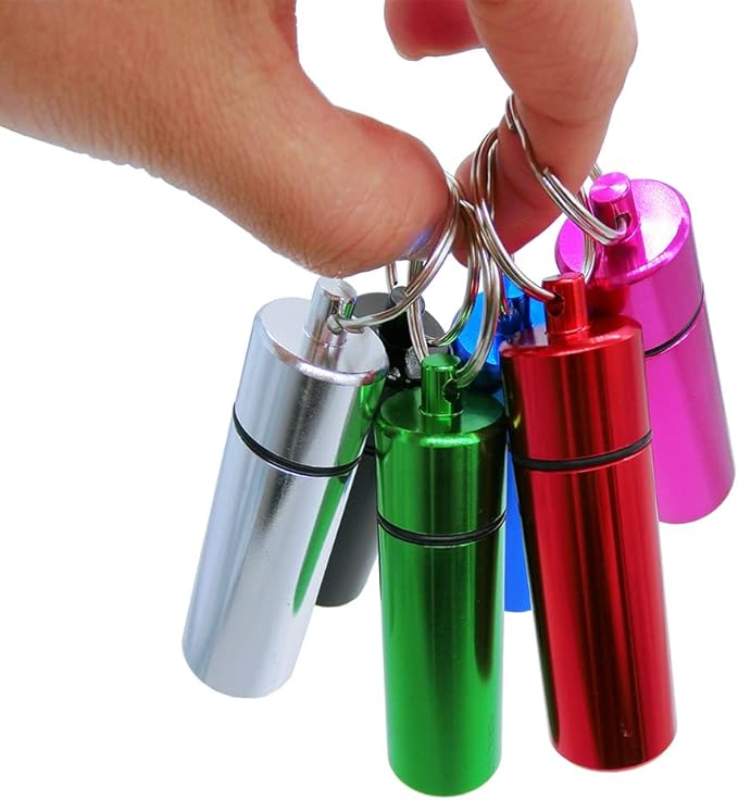 Artkingdome Set of 6 Metal Pill Box Cartridge Aluminum Alloy Cans Waterproof Sealing Earplugs Outdoor Medicine Organizer Ring Small First Aid Drug Holder Pill Container Bottle Clolorful Keychain