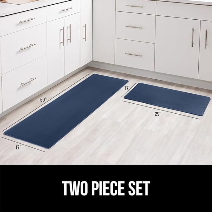 GORILLA GRIP 2 Pack Comfortable Cushioned Kitchen Mats for Floor, 17x24 + 17x48, Waterproof and Stain Resistant, 1/2 Inch Thick Soft Ergonomic Standing Desk Anti Fatigue Mat, Foam Supports Feet, Navy