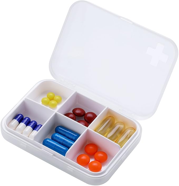 Portable Pill Organizer - Slim Pill Box for Purse or Travel, Compact Pill Case(6 Compartment,White)