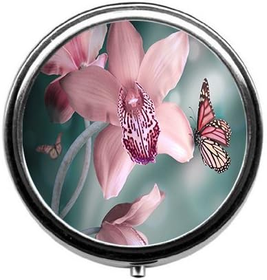 Pink Flowers and Butterflies Cute Pill Box/Pill case-Round Pill Box/case- Three-Compartment Pill Box/Pill case …