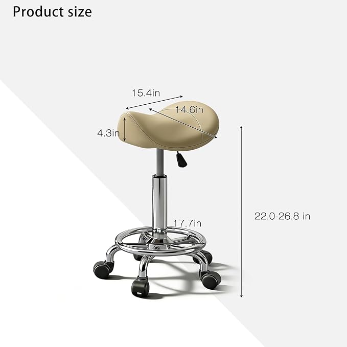 Saddle Stool with Wheels, Adjustable Rolling Stool Chair with Back Support, Ergonomic PU Leather Saddle Chair for Salon, Massage, Tattoo, Medical, Spa, Office (Khaki, 1PCS)