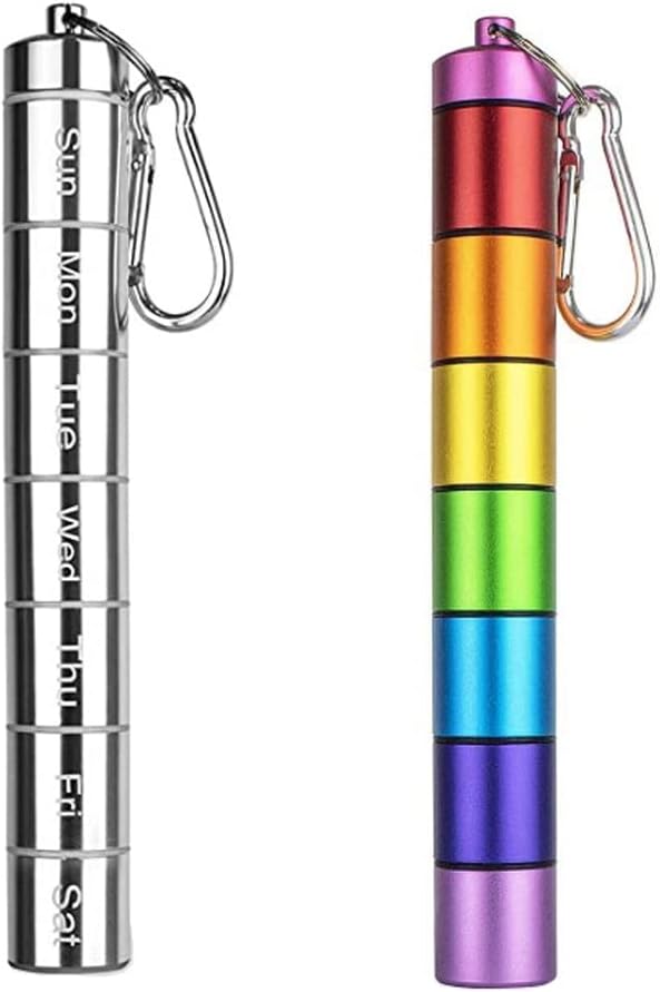 7 Days Rainbow Colour Aluminum Cantainer with Carabiner ，Stackable Metal Container，Waterproof Travel Cute Box Holder (1 Rainbow Container and 1 Silver Container