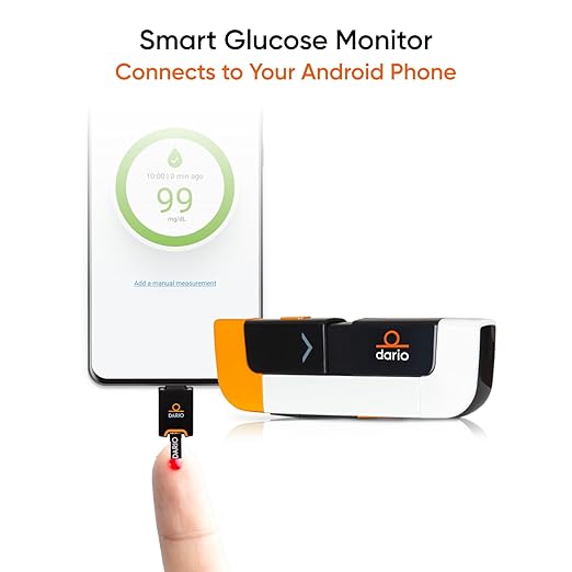 DARIO Smart Glucose Monitor Kit | USB-C Port (Compatible with Android devices only) | Test Blood Sugar Levels & Manage Diabetes, Testing Kit Includes: Glucometer with 25 Strips, 10 Sterile lancets