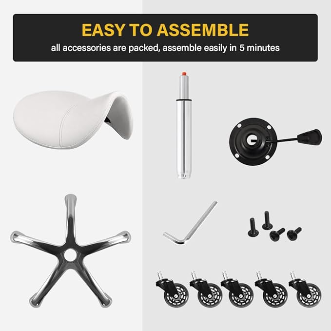 Heavy Duty Saddle Rolling Stool with Wheels Hydraulic Swivel Adjustable Rolling Chair Ergonomic Thick Leather Seat Stool Chair for Kitchen Drafting Lab Office Salon Massage Chair – White
